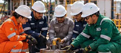Cuadrilla coordinando una tarea en cabezal de pozo