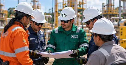 Equipo analizando planos del proceso