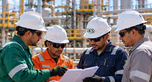 Equipo multidisciplinario conversando en una facilidad de producción