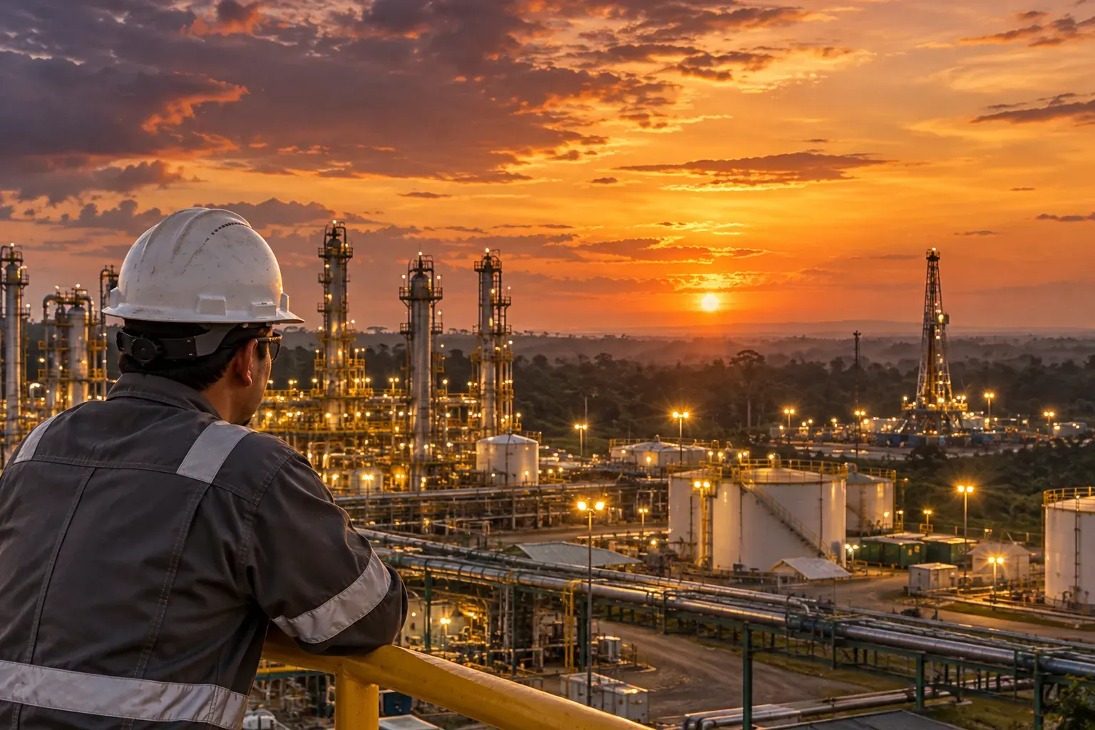 Operador observando una facilidad de producción de petróleo al atardecer, con un taladro al fondo