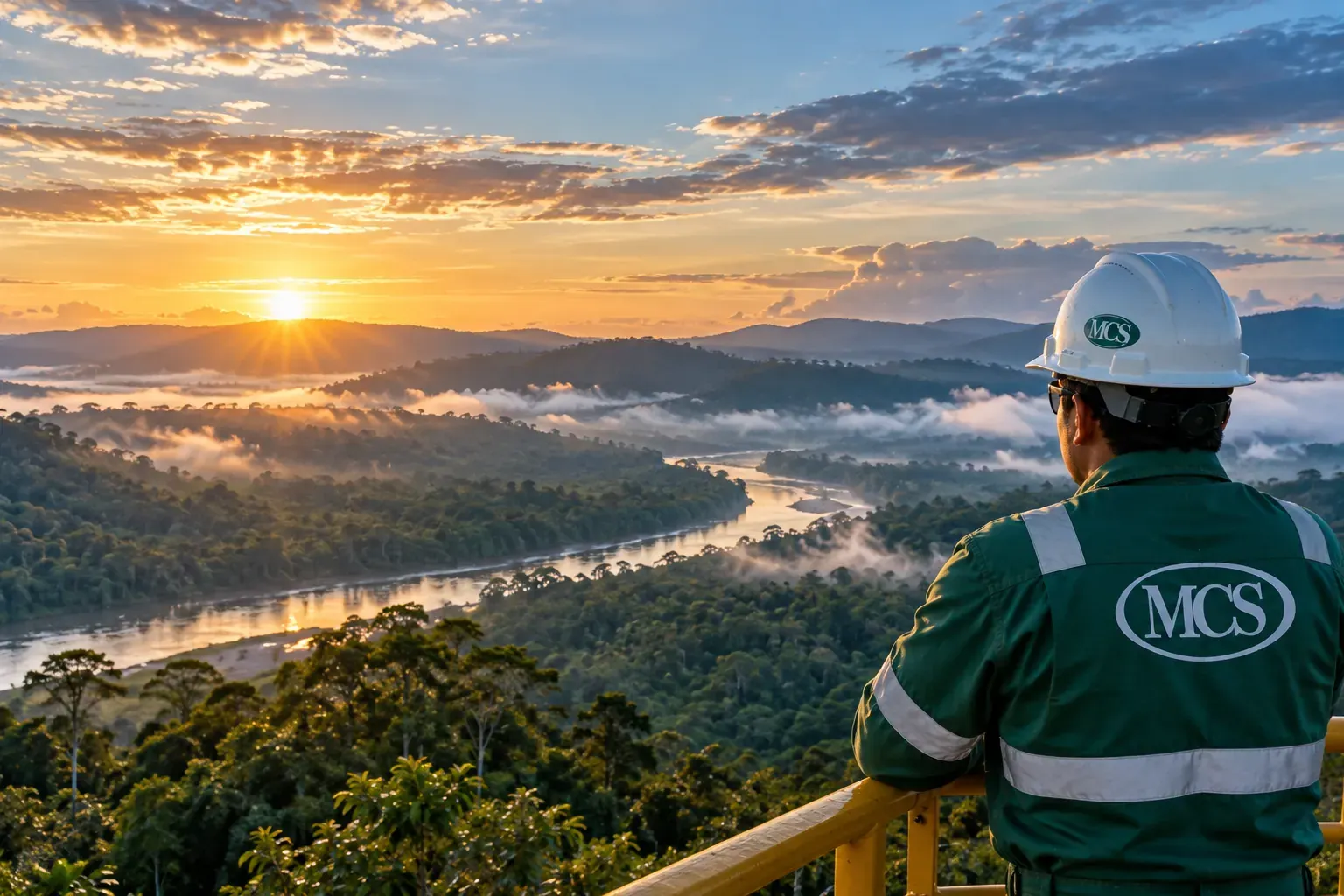 Profesional de MCS contemplando la Amazonía ecuatoriana al amanecer