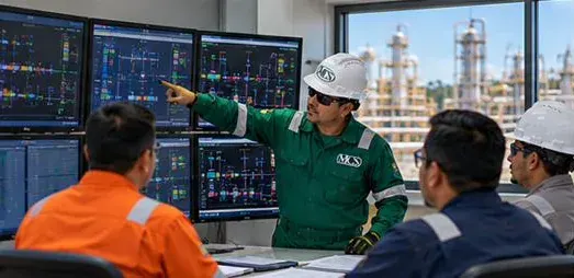Sala de monitoreo con pantallas de datos operacionales
