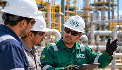 Supervisor revisando información con el equipo en campo