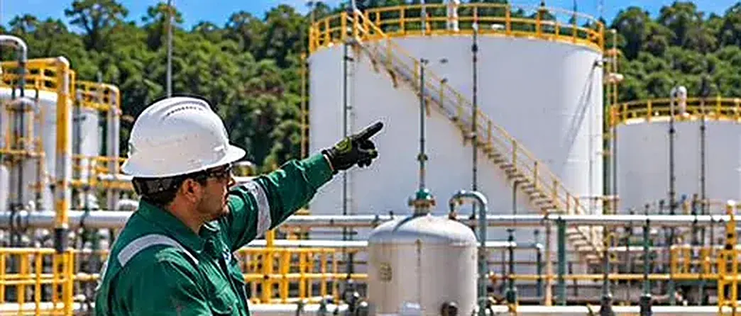 Supervisor señalando tanques de almacenamiento en una facilidad